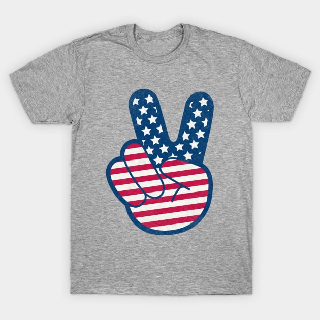 American Flag Retro Peace Sign Hand Distress T-Shirt by PUFFYP